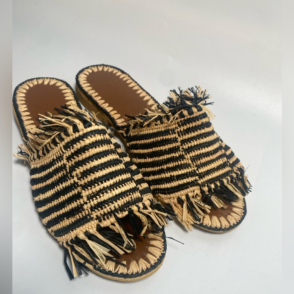 Handwoven Raffia Fringe Slide Sandals – Black & Natural Stripes